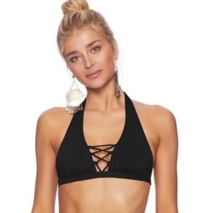 Beach Bunny Cameron Halter Bikini Top‎ XXL Black Lace Up Swimwear  New w/tags